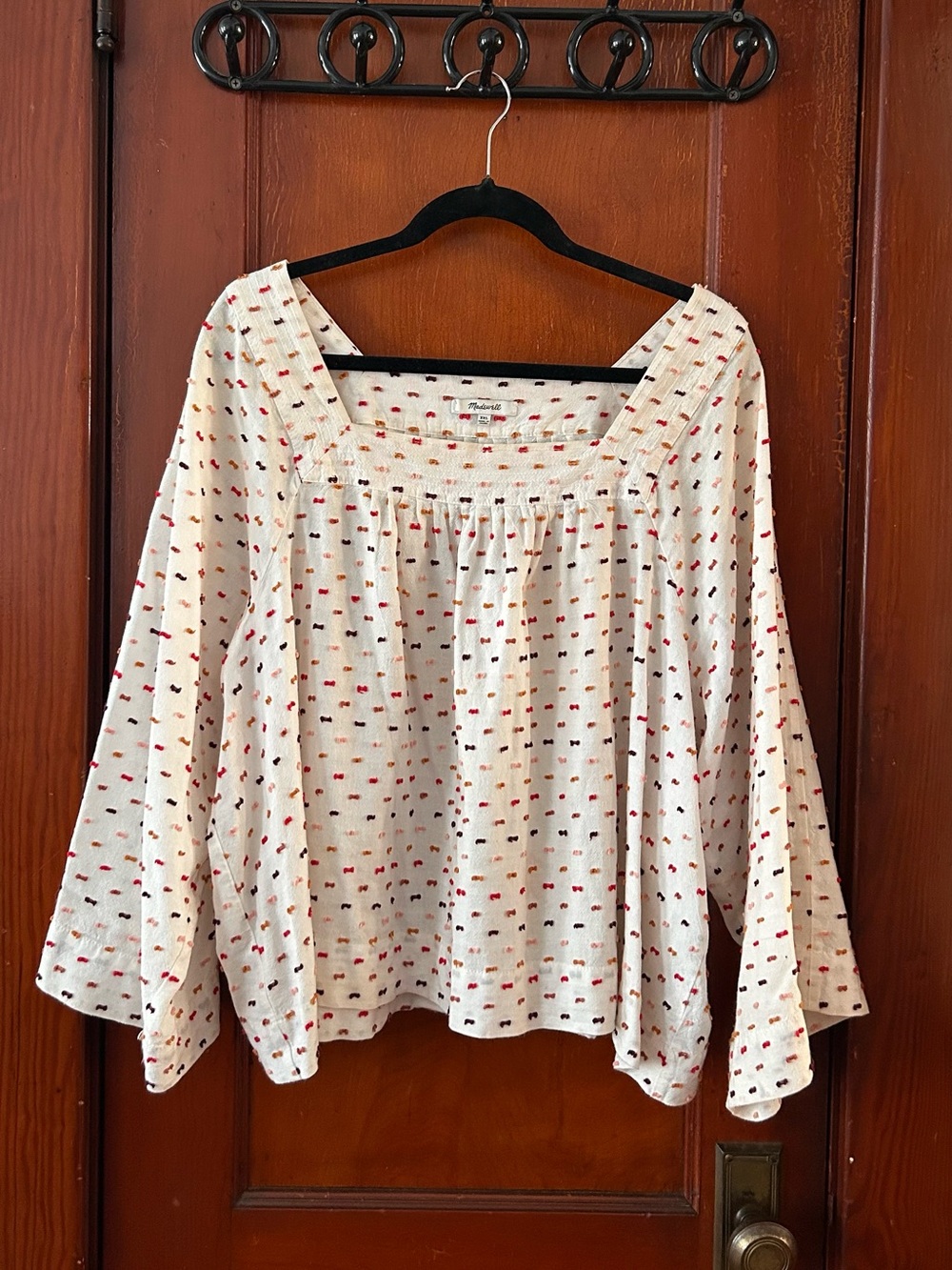 Madewell Cream Blouse with Red and Black Micro Dots